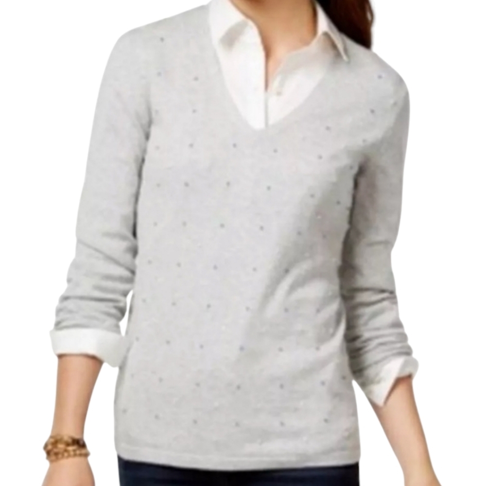 Tommy Hilfiger Sz S Grey VNeck Long Sleeve French Knot‎ Cotton Sweater Preppy